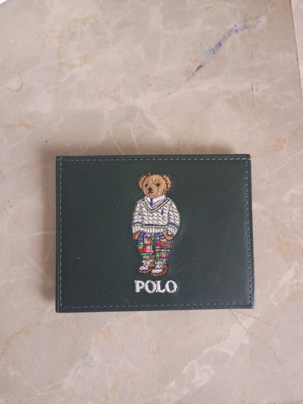 Polo by Ralph Lauren Men’s Green Leather Bear Embroidered Card Holder